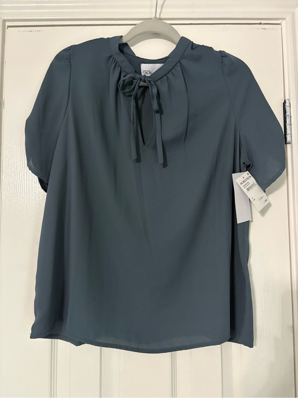 Tie-Neck Short Sleeve Blouse in Slate Blue